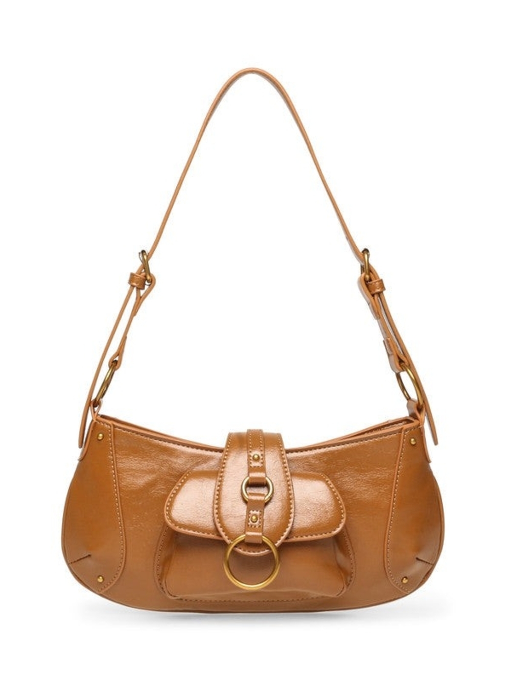 Steve Madden Cognac Leather Shoulder Bag with Gold Ring Detail